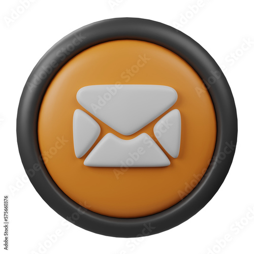 3D rendered Mail Button Icon with Orange Color and Black Border for Creative User Interface Design, web design, and Social Media Applications