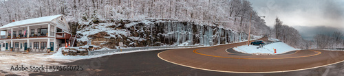 pano of hairpin turn in winter