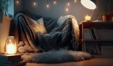 Gemütliche Leseecke zum Chillen mit romantischer Beleuchtung. Ausstrahlende Wärme durch Kerzen, warme Decken und Kissen. Freizeitzimmer in WG - Generative AI