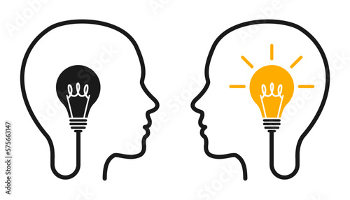 Concept creative thinking idea and innovation, humans head silhouette, light bulb idea, brainstorming, competition, therapist and patient - vector