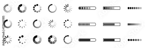 Set loading bar icons. Progress bar loading signs. Collection loading status bar in different design. Download progress icons – vector photo
