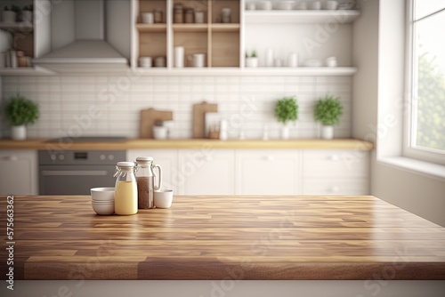 Empty table top over defocused kitchen with copy space. Generative Ai