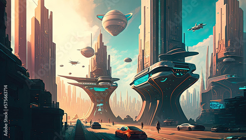 A futuristic cityscape with flying cars, towering skyscrapers, and holographic advertisements lining the streets, futuristic, technology, innovation, sci-fi, urban, modern, advanced, digital, 