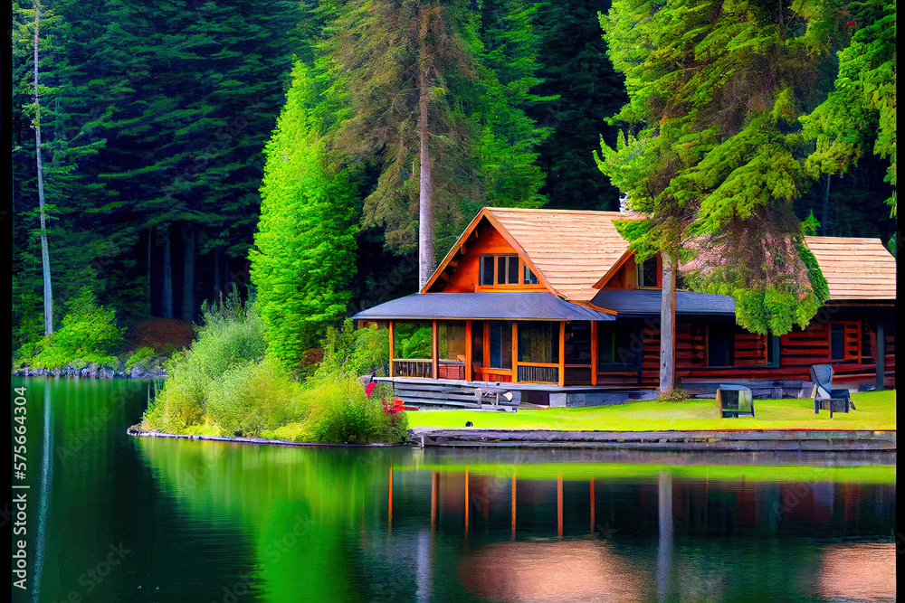 Wood cabin on the lake - log cabin surrounded by trees, mountains, and water in natural landscapes Wood cabin on the lake - log cabin surrounded by trees, mountains, and water in natural landscapes