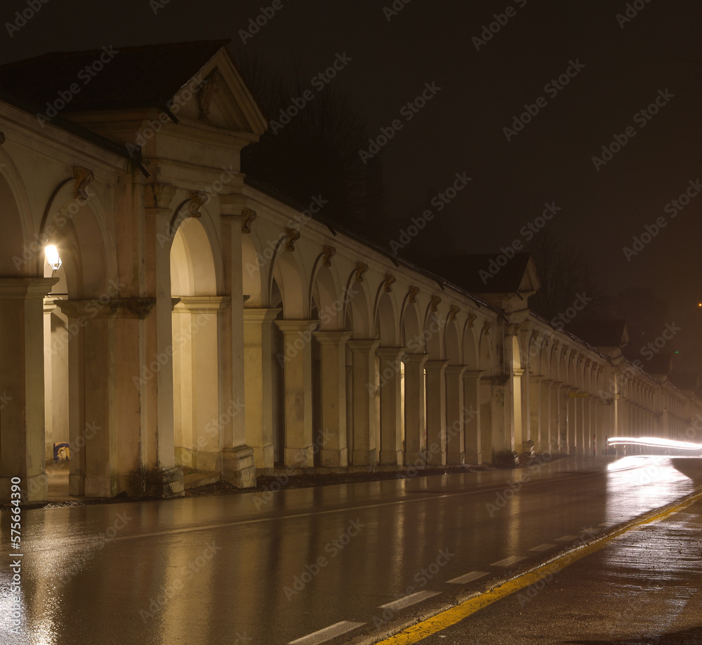 Illuminated arcades of MONTE BERICO in the city of Vicenza in the Veneto region of Italy at night