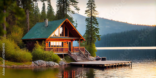 Fotobehang Wood cabin on the lake - log cabin surrounded by trees, mountains, and water in