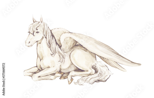 Watercolor vintage illustrations with White Pegasus lay down to rest. Isolated on white background.