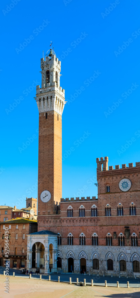 Ancient tower called TORRE DEL MANGIA in the main square of SIENA in central Italy