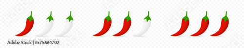 Pepper spiciness level. Pepper spice level. Red chilli pepper icons. Spicy peppers icons set. Isolated vector graphic