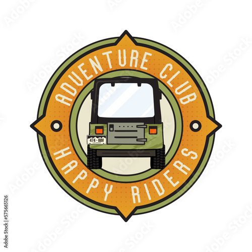 Camping logo badge vector design with car. Road trip insignia. Camp badge graphics in retro style. Travel colorful emblem. Stock vector label