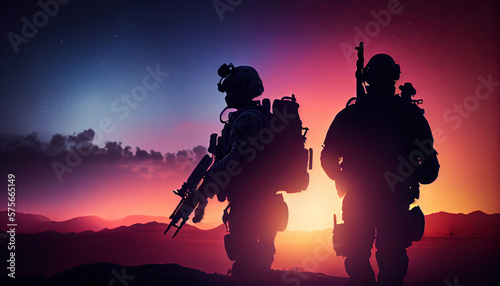 Military special forces veterans silhouette at sunset. 