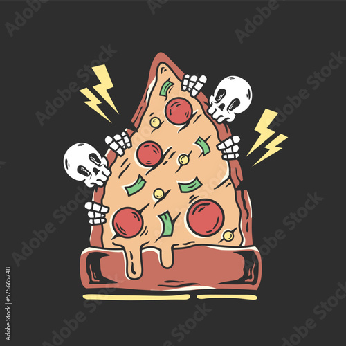 llustration of a skull eating pizza, skeleton and food. retro and antique style design. suitable for printing t-shirts, stickers and tattoos