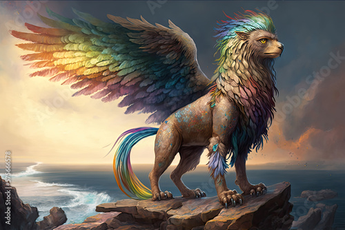 A fantastical creature with the body of a lion, wings of an eagle, and a shimmering coat of rainbow-colored feathers, standing regally on a rocky outcropping, eagle, bird, vector, illustration, animal © Saulo Collado