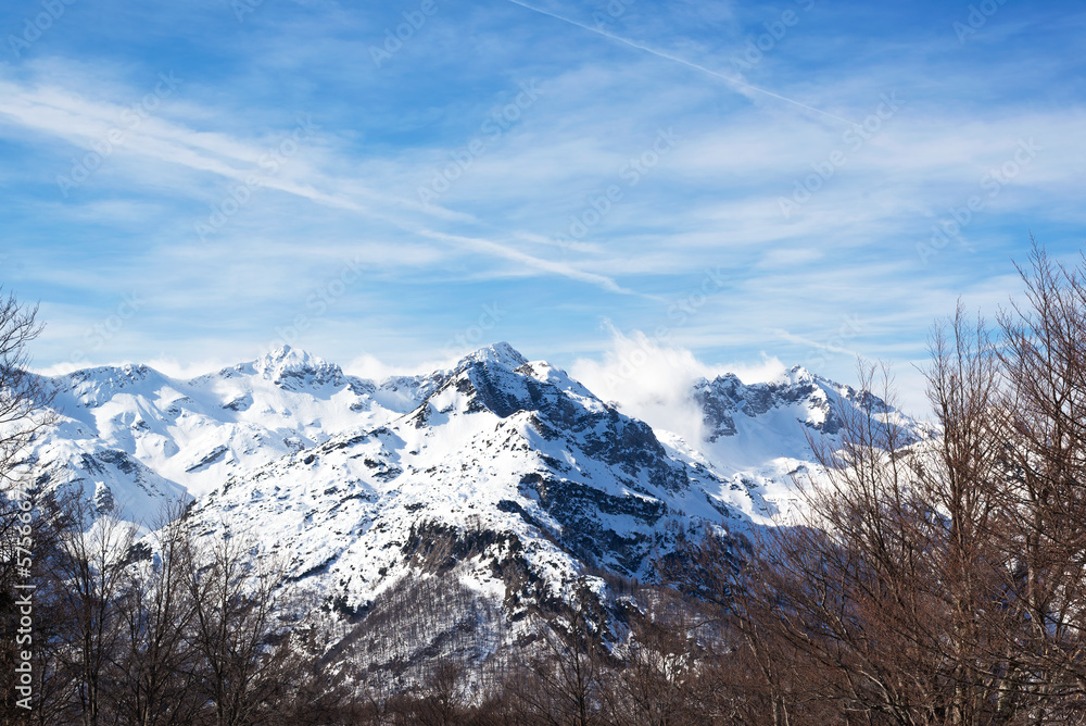 Snow capped mountain peak winter morning time