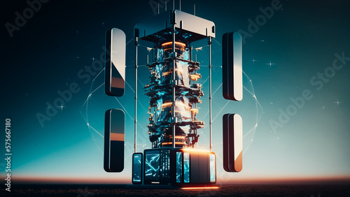 mobile phone signal repeater station tower with futuristic hud hologram and blue sky background photo