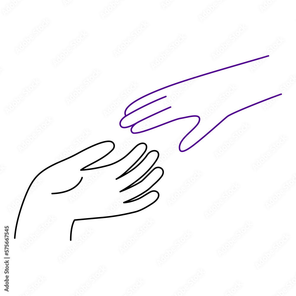 Two hands reach out to each other. Vector illustration in line style. Relationship between lovers or helping concept Two hands reach out to each other. Vector illustration in line style. Relationship between lovers or helping concept