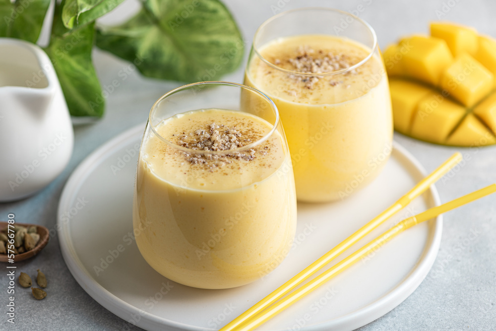 Lassi with mango, traditional indian drink, selective focus