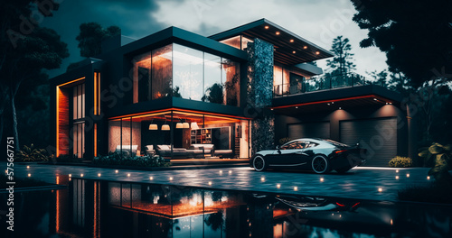 modern cozy house with pool and parking in luxurious style