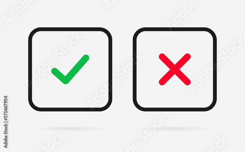 Yes or no icon. Green tick symbol and red cross sign in circle. Checkmark and check icon. Approval. Like and dislike icon. X or approve or deny line art vector icon for apps and websites and ui ux