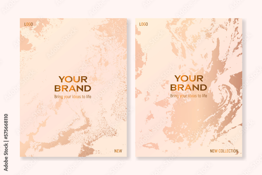 Set of covers with an elegant marble texture in beige. For wedding cards, invitations, covers, branding and other projects. Vector, for web and print.