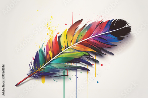 Close up of bright colorful feather in watercolor style llustration