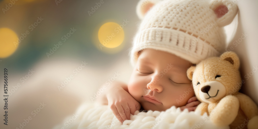 Adorable peaceful sleeping newborn baby. Close up portrait of child with cute bear toy. Cozy indoor background with copy space. AI generative image. - obrazy, fototapety, plakaty 