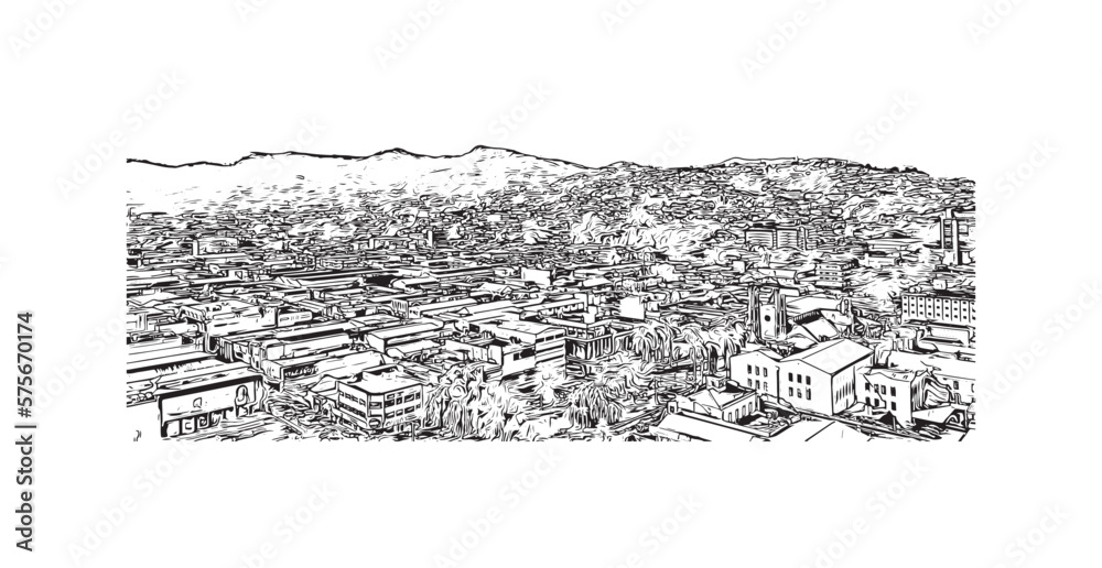 Fototapeta premium Building view with landmark of Port of Spain is the capital in Trinidad and Tobago. Hand drawn sketch illustration in vector.