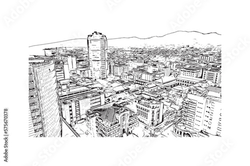 Building view with landmark of Port of Spain is the capital in Trinidad and Tobago. Hand drawn sketch illustration in vector.