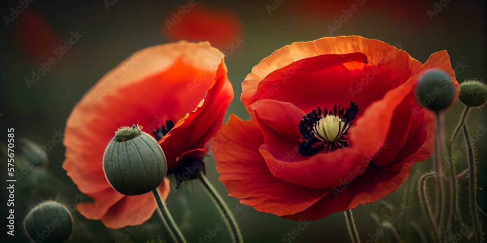 Obraz premium Beautiful summer day. Red poppy flowers macro, close-up view. Ai Generative