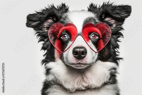 idea of St. Valentine. Border Collie puppy wearing red heart shaped spectacles. Isolated on white. The lovable canine is having a Valentine's Day party. Sad romantic post card full of love. Generative