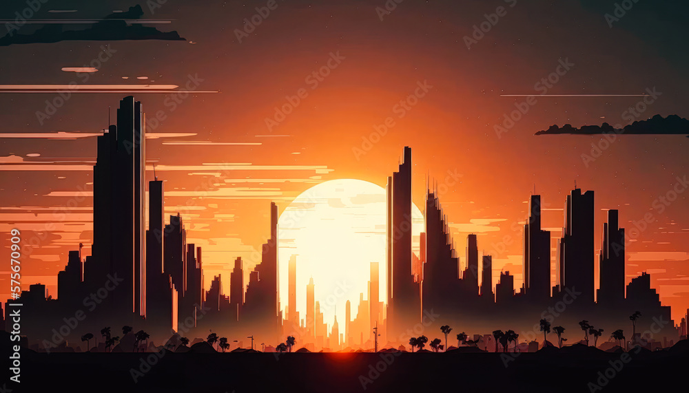 the sun setting behind a towering city skyline - Generative AI