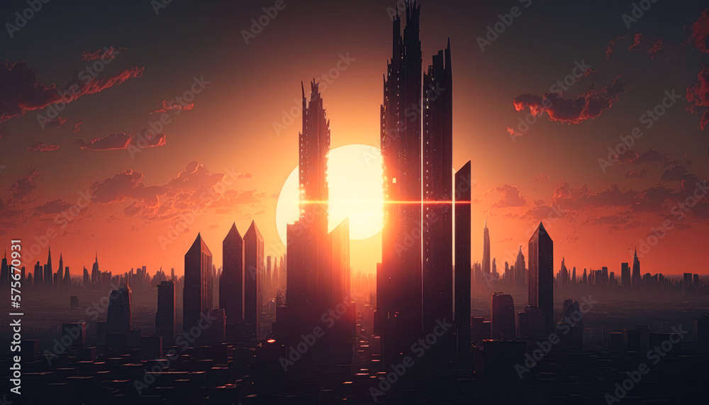 Naklejka premium the sun setting behind a towering city skyline - Generative AI