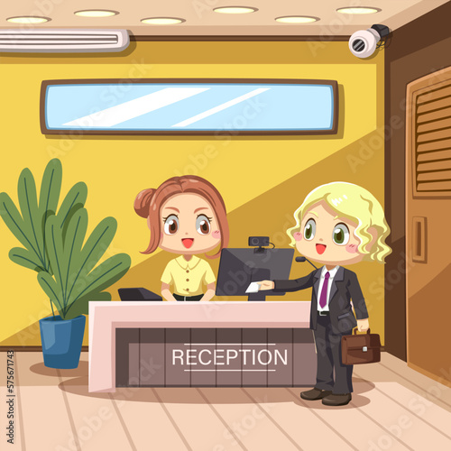 Businesswoman checkin with receptionist at reception desk