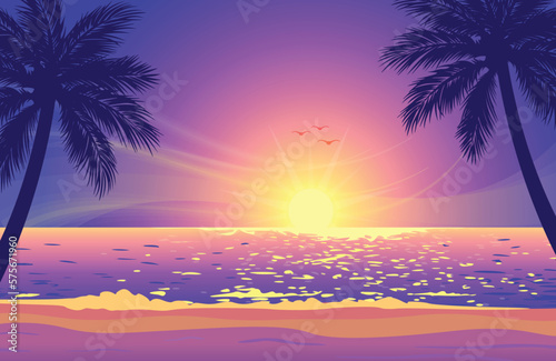 warm tropical beach sunset with palm trees