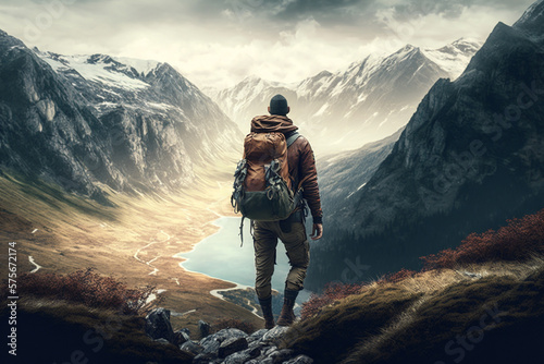 Outdoor Adventure: Illustration of a Man Hiking. AI generated.