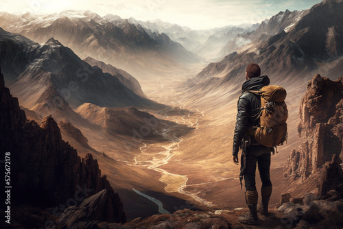 Outdoor Adventure: Illustration of a Man Hiking. AI generated. © ankreative