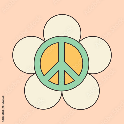Groovy Peace sign inside daisy. Trending element in style of 70s. Boho groovy floral pacifist symbol. Retro posters. Card, postcard, print. Y2k vintage vector illustration