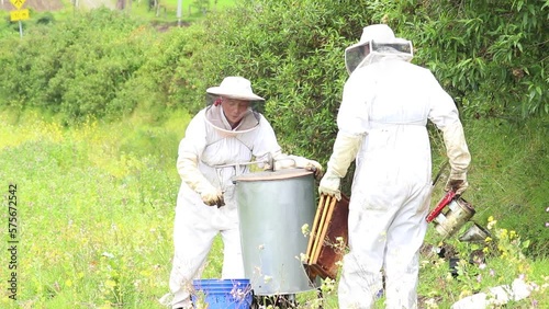 Hombre y mujer apicultores procesando la miel de abeja en el campo photo