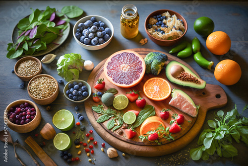 Overhead view on superfoods selection consist of fruits, berries, seeds and green vegetables with high anti-oxidant and various vitamins for healthy living. Created with Generative AI technology