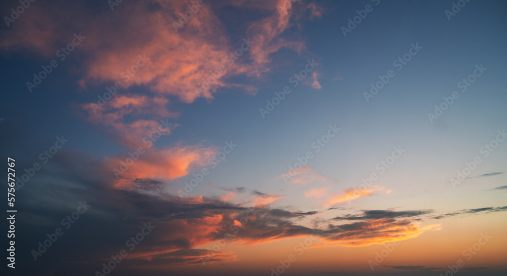 Real beauty panoramic sunrise or sunset sky with colorful clouds