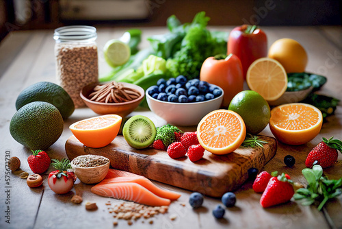 Selection of superfoods consist of fruits  berries  seeds and green vegetables with high anti-oxidant and various vitamins for healthy living. Created with Generative AI technology.