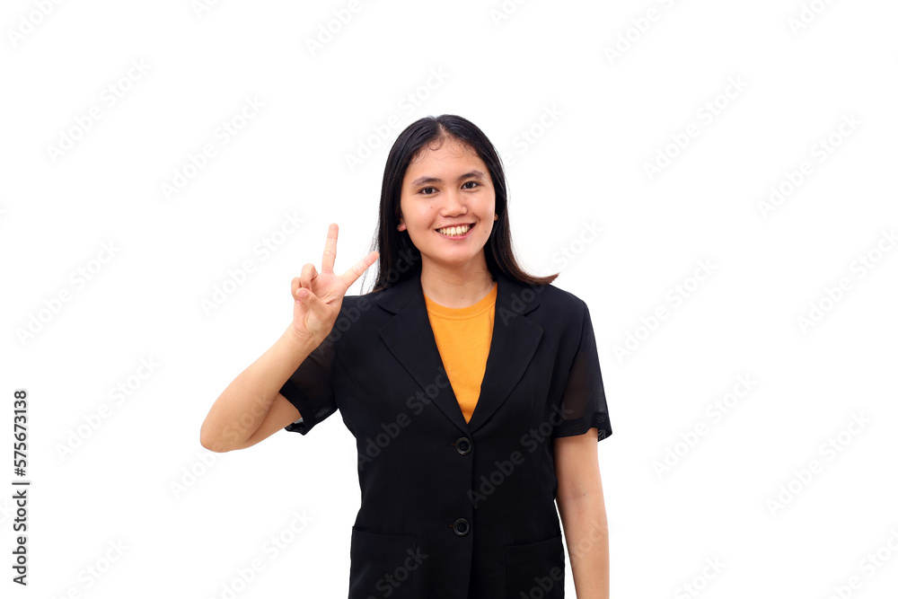 Young asian business woman smiling while showing two fingers. Isolated on white background Young asian business woman smiling while showing two fingers. Isolated on white background