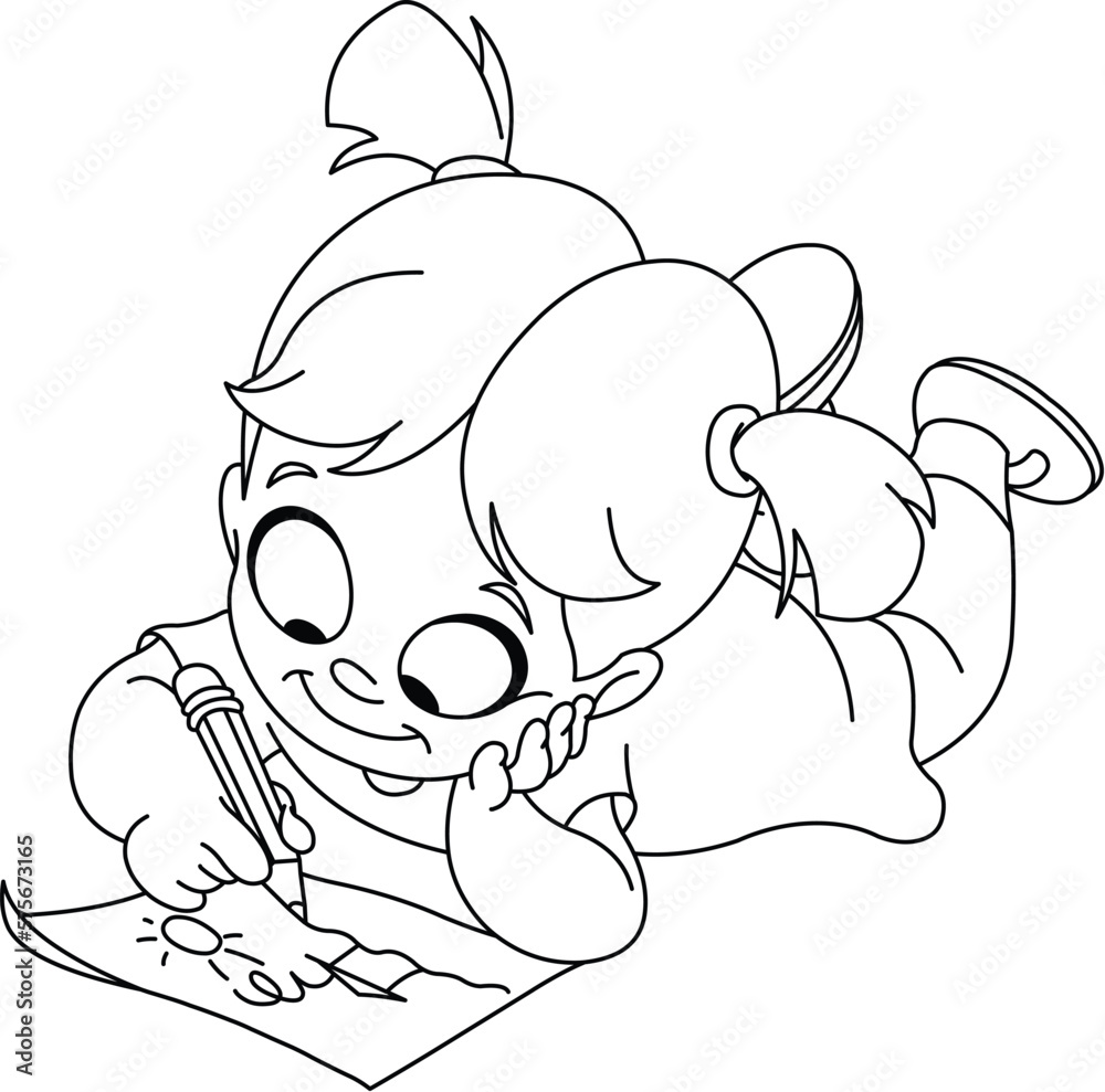 Outlined smiling little girl drawing on the floor, Vector line art illustration coloring page. Outlined smiling little girl drawing on the floor, Vector line art illustration coloring page.