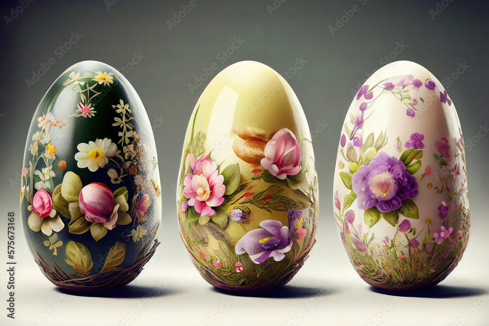 Easter eggs decorated with flowers. Generative Ai