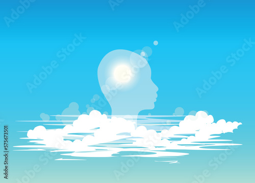A mirage of a girl in the clouds. The bright sun symbolizes a pure mind. Surrealism, silhouette. Vector illustration