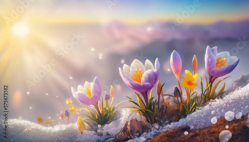 Spring flowers on melting snow. Bright crocus blossoms. The end of winter. Based on Generative AI