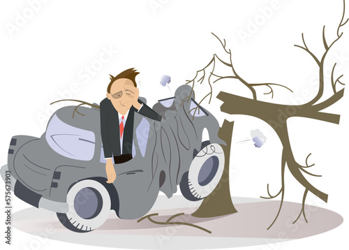 Car smashed into a tree. 
Man in the crashed car smashed into a tree. Isolated on white background
