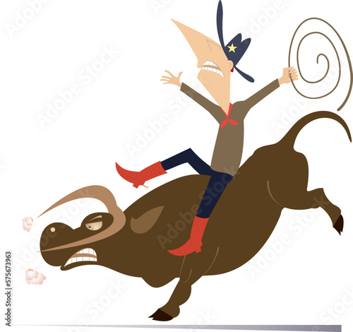 Farmer or cowboy riding a bull.
Farm. Rodeo. Farmer or cowboy with lasso rides a bull. Isolated on white background
