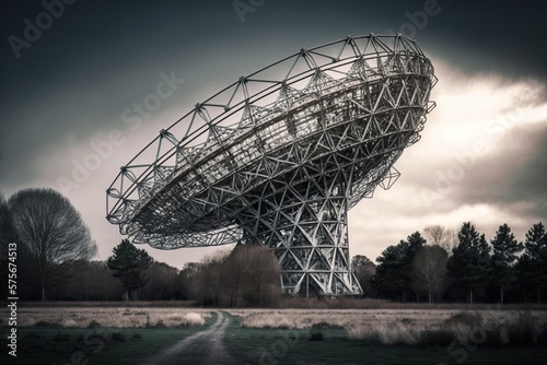 Photograph taken from a low vantage point of a radio telescope in the Dutch town of Westerbork. Generative AI photo