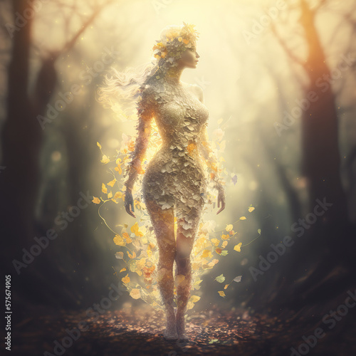 Spring young fairy girl with long hair wearing herbal wreath made of flowers. Full body portrait. AI generative image.